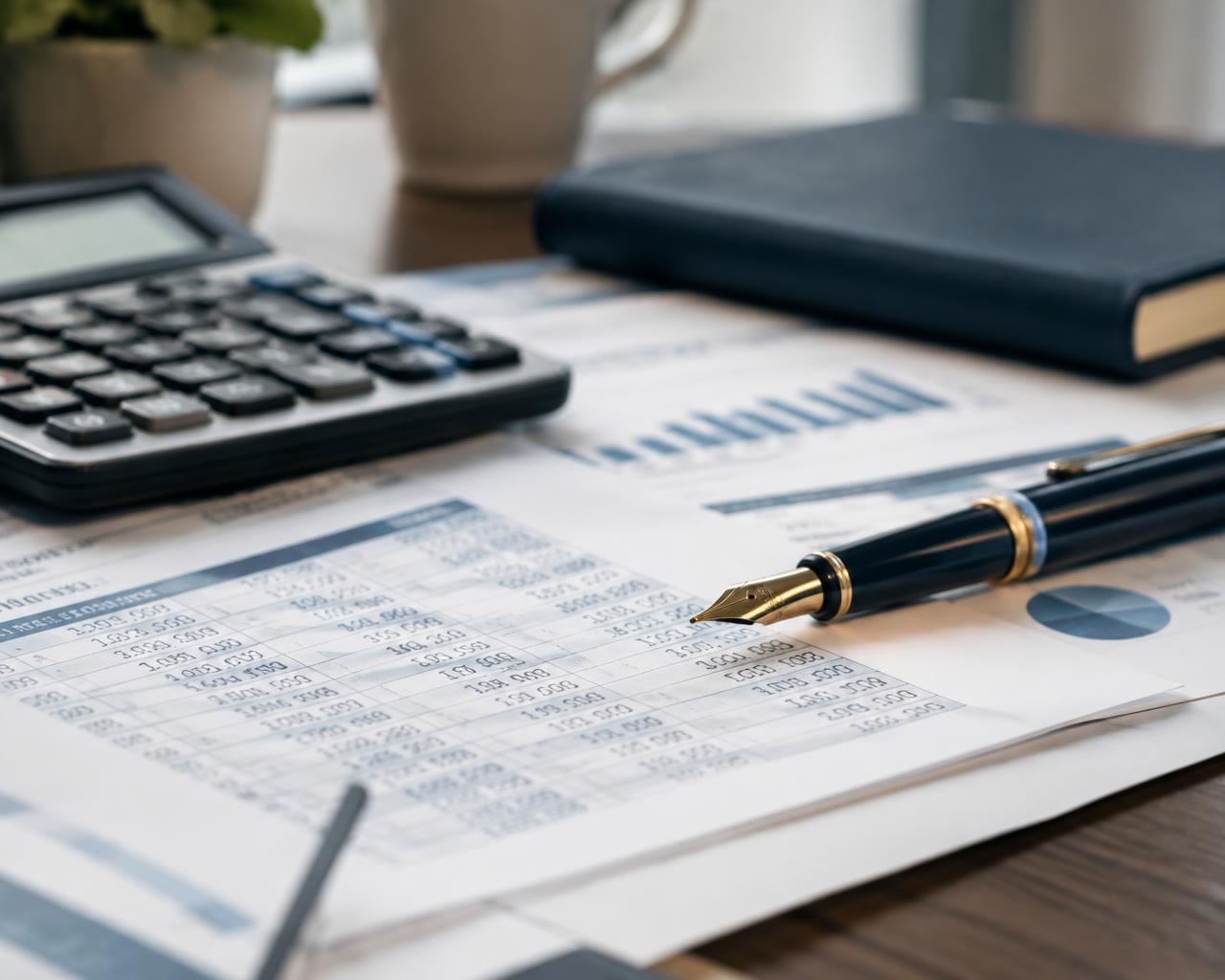 Mesa de trabalho com planilhas fiscais, calculadora e caneta para análise tributária